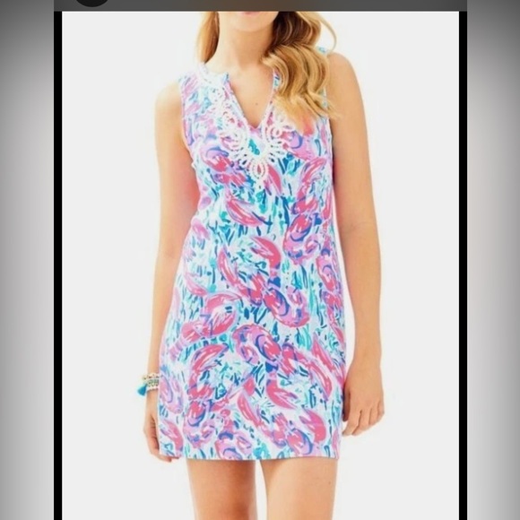 Lilly Pulitzer Harper Shift Dress in Cosmic Coral Cracked Up Lobster Print Large - Picture 3 of 10